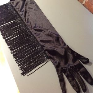 Black fringe satin gloves